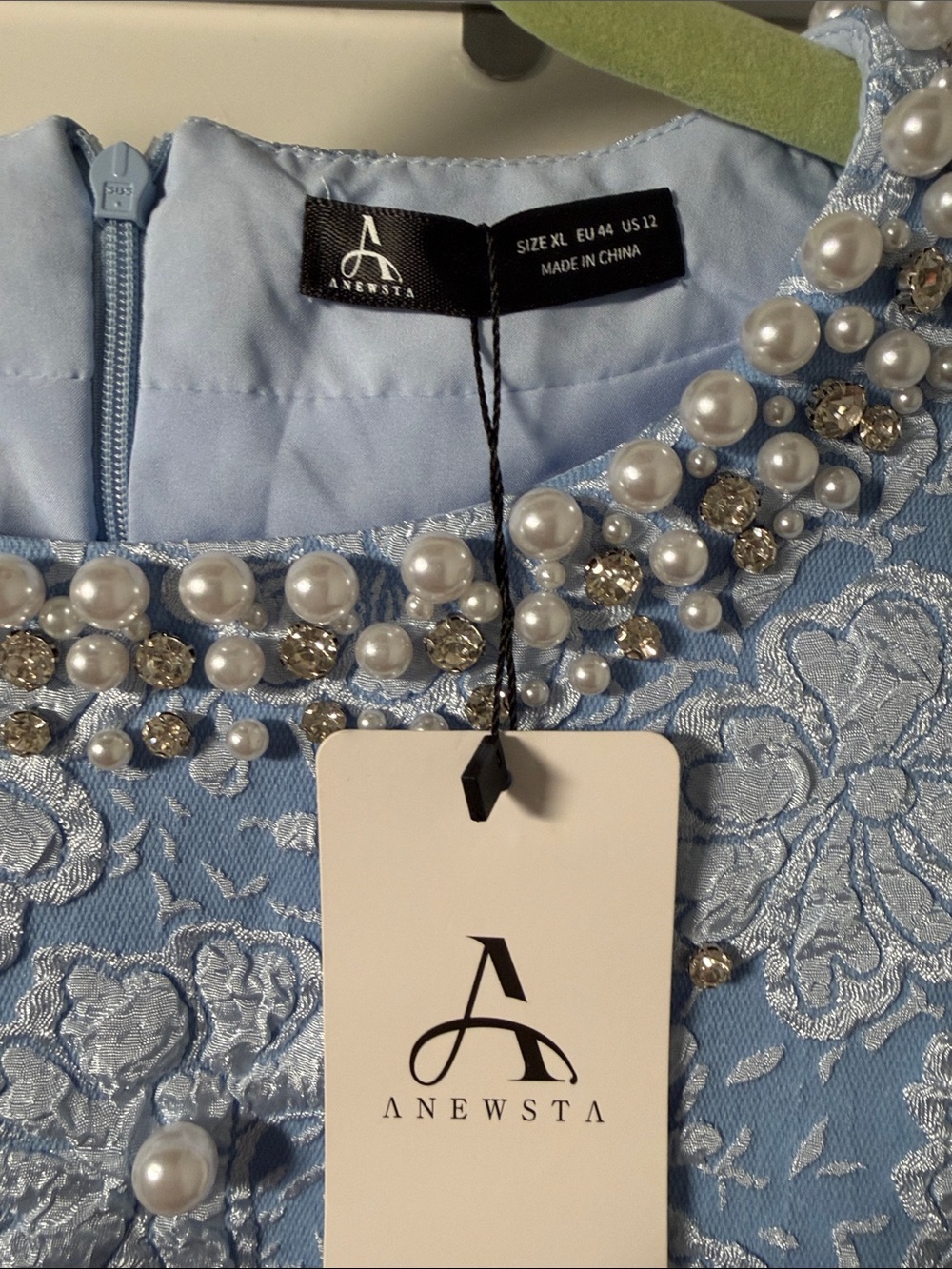 Women’s size 10 Pearl-Embellished Light Blue Lace Mini Dress look at description - Picture 2 of 12